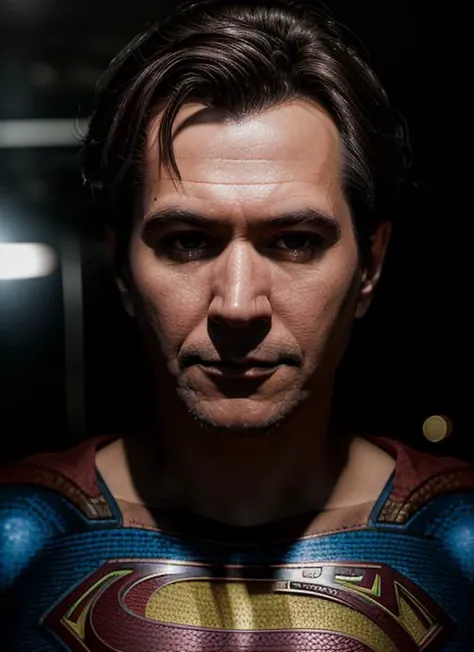 (<lora:GaryOldman:.9>) a close up Portrait photo of (go1) man with dark hair, Detailed face, (perfect eyes), (highly detailed skin:1.1), perfect body, wearing a ((superman costume)), Modelshoot style, Professional Photography, soft lighting, PHOTOREALISTIC, Realistic, standing in a dark studio background, blurred background, volumetric fog,. RAW, analog style, sharp focus, 8k, HD, DSLR, high quality, Fujifilm XT3, film grain, award winning, masterpiece,