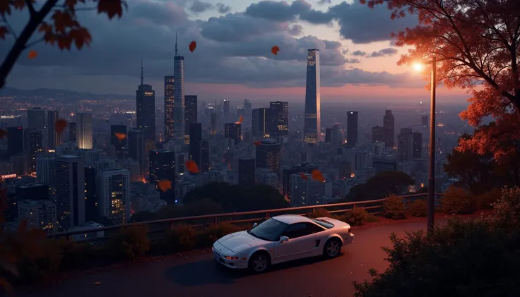 japan city, view from above, late evening, fill lighting, light reflecting off buildings, warm light from a street lamp, skyscraper, clouds, (beginning of the night:0.6), Honda nsx 1991, autumn leaves flying near the car, skyline, serene