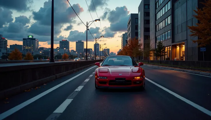 Honda nsx 1991 view from above and 45-degree, on the bridge road, japan city, full depth of field, late evening, sky cumulus clouds, autumn leaves on the road, (beginning of the night:0.8), reflection on buildings, warm light from a street lamp