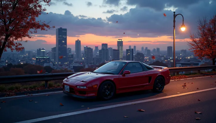 japan city, view from above, late evening, fill lighting, light reflecting off buildings, warm light from a street lamp, skyscraper, clouds, (beginning of the night:0.6), Honda nsx 1991, autumn leaves flying near the car, skyline, serene, city pond