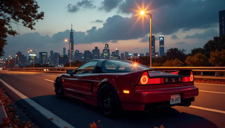 japan city, view from above, late evening, light reflecting off buildings, warm light from a street lamp, skyscraper, clouds, (beginning of the night:0.6), Honda nsx 1991, view 65-degree, autumn leaves flying from under the rear wheels of the car, skyline, soft light