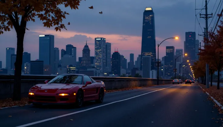 japan city, view from above, late evening, light reflecting off buildings, light from a street lamp, skyscraper, clouds, (beginning of the night:0.6), Honda nsx 1991, fall leaves flying near the car, skyline, low contrast, serene