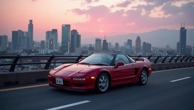 Honda nsx 1990, long shot, on the high light bridge, soft evening lighting, japan city, sharp focus, from above, 45 degree view, (back view:0.2), autumn, pink clouds