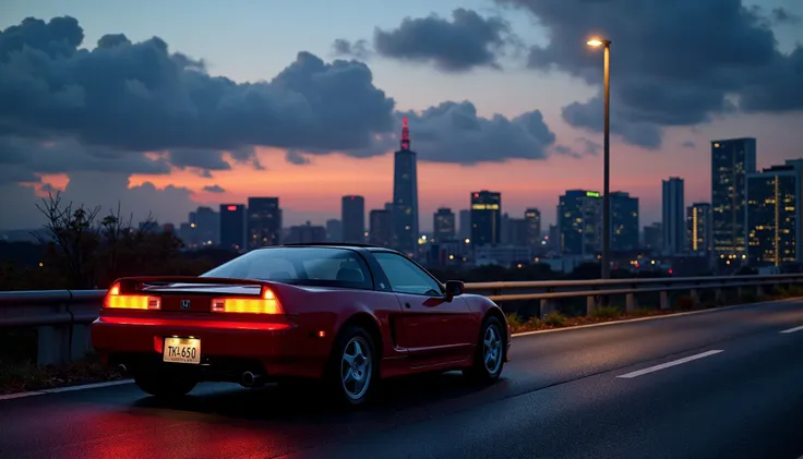 japan city, view from above, late evening, beautiful lighting, reflection on buildings, warm light from a street lamp, skyscraper, clouds, (beginning of the night:0.6), Honda nsx 1991, view 45-degree, on the bridge road, autumn leaves flying from under the rear wheels of the car, skyline