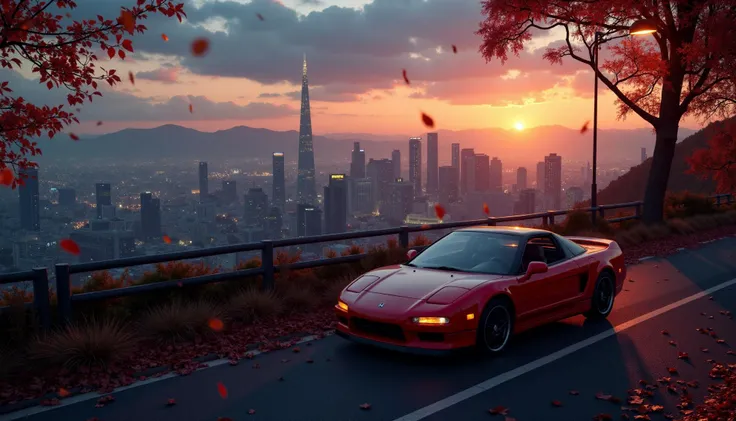 japan city, view from above, late evening, fill lighting, light reflecting off buildings, warm light from a street lamp, skyscraper, clouds, (beginning of the night:0.6), Honda nsx 1991, autumn leaves flying near the car, skyline, serene