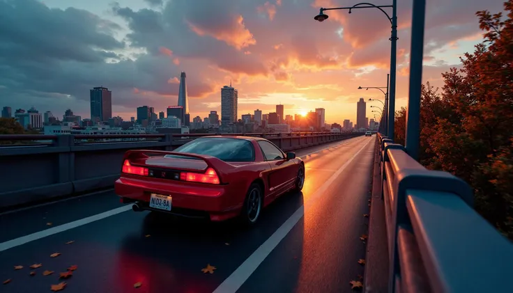 japan city, view from above, full depth of field, late evening, beautiful lighting, reflection on buildings, warm light from a street lamp, skyscraper, clouds, (beginning of the night:0.6), Honda nsx 1991, view 45-degree, on the bridge road, autumn leaves flying from under the rear wheels of the car