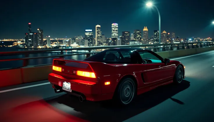 Honda nsx 1990, long shot, on the high bright bridge, night city, on the road, sharp focus, from above, 45 degree view, (back view:0.2)