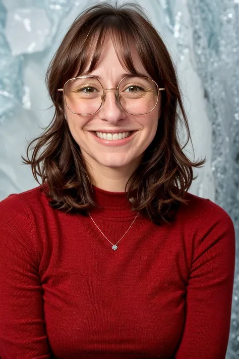 <lora:Shelby-Body-Cv2-00000X:1> troian bellisario, cold, ice portrait, High-Speed Photography, bangs, glasses, Peplum top smile, happy