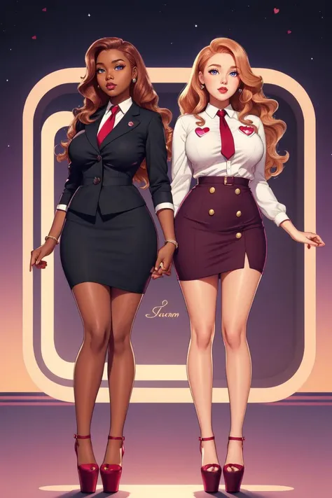 tanned Brazilian woman, dark-skinned girl, Two girlfriends, muscular legs, muscular calves, Strong legs, muscular hips, wide thighs, Curvy hips, high-heeled sandals, tights in a net, Stiletto heels, Women's business suit with short shorts, large ring earrings, He really wants to pee, On a date, Leg by foot, wants to pee, desperately wants to pee, wants to urinate, An expression of shame on his face, confusion, crying, He pinches the crotch with his hand, Palm on stomach, crumples the hem of the skirt with his hands, Knees clenched, Hips clenched, Tense posture, bites his lower lip, full bladder, terribly wants to go to the toilet, anatomically correct, Realistic,