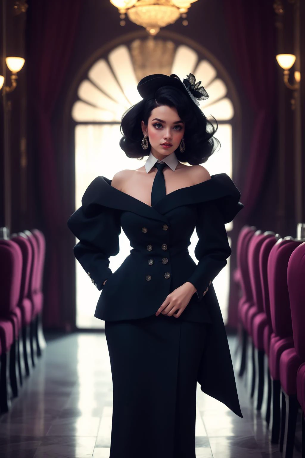 cinematic film still beautiful adult woman, solo, high quality, best quality, highres, high detail (dark hair, platinum blonde hair, multicolored hair) hair, Tousled shoulder-length hair, blue hair, violet hair, multicolored hair, pinned back with a skull-embellished hair ornament <lora:Outfit_soph-FormalSkirtSuit:0.8> su1t, formal, Alexander McQueen fashion gown, double-breasted, collar necktie, black pants, buttons (silouette lighting) , standing, high detail, afterglow, bokeh, 8k resolution, rim lighting, shadows, fascinator, pantyhose, standing, grand hall, chandelier, romantic restaurant, Marble Grandeur, Timeless, imposing, luxurious, majestic, by Zaha Hadid photography . . shallow depth of field, vignette, highly detailed, high budget, bokeh, cinemascope, moody, epic, gorgeous, film grain, grainy