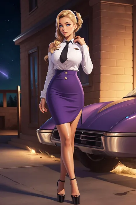 full body, Slim, Diamond-Shaped Face, Caramel Skin, Narrow Nose, Plump Lips, Sharp Chin, Berry glossy lipstick, scrunchie, brown Curly Hair Shoulder-Length Hair Ponytail, su1t, formal, double-breasted dress, buttons, necktie, skirt, pencil skirt, high platform heels, <lora:Outfit_soph-FormalSkirtSuit:0.8>, bent_over, (a colony on a distant planet:1.2)