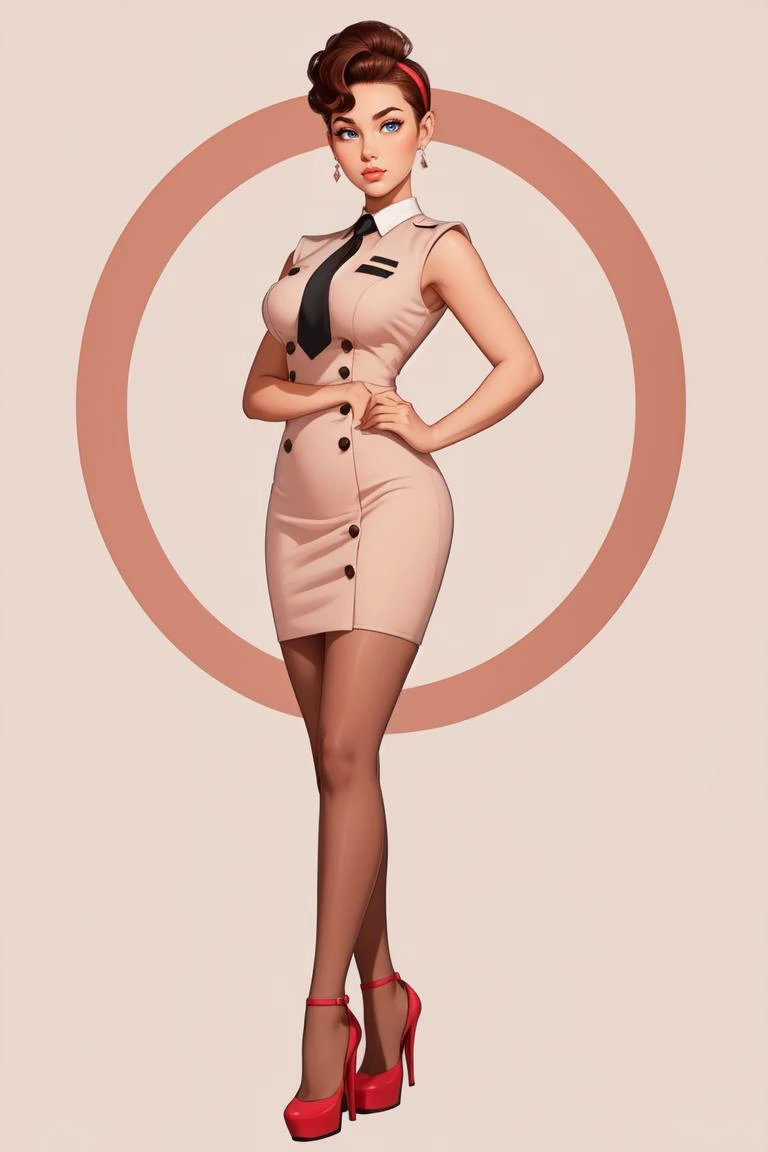 full body, Firm, Diamond-Shaped Face, Fair Skin, Wide Nose, Pouty Lips, Sharp Chin, Coral cream lipstick, headband, brown Fine Hair Pixie Cut Updo, su1t, formal, double-breasted dress, buttons, necktie, skirt, pencil skirt, high platform heels, <lora:Outfit_soph-FormalSkirtSuit:0.8>, full scorpion, (a discovery of a parallel dimension:1.2)