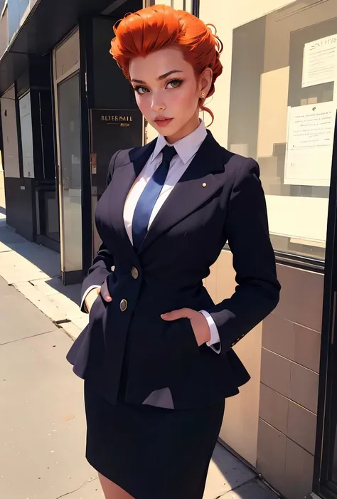(masterpiece, best quality), 1girl, Orange Pompadour with Hard Part, flat chest, <lora:Outfit_soph-FormalSuitSkirt:0.8>, su1t, formal, jacket, collared shirt, necktie, skirt, buttons, pencil skirt, peplum, suit, formal, cleavage cutout, collar, sleeveless