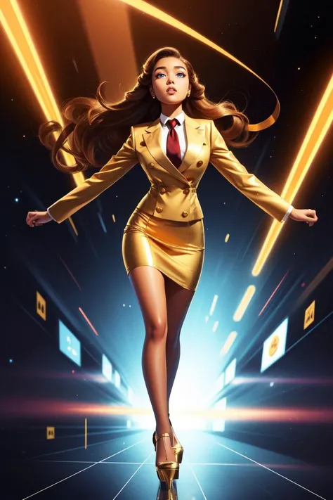 full body, Slim, Square Face, Caramel Skin, Narrow Nose, Thick Lips, Square Chin, Gold glossy lipstick, ribbon, chestnut Straight Hair Long Hair Updo, su1t, formal, double-breasted dress, buttons, necktie, skirt, pencil skirt, high platform heels, <lora:Outfit_soph-FormalSkirtSuit:0.8>, head_down, (a malfunctioning teleportation experiment leads to disaster:1.2)