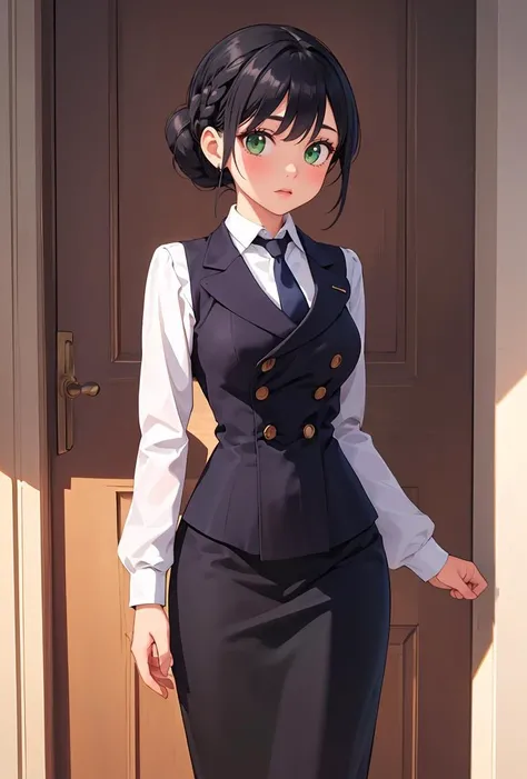 (masterpiece, best quality), 1girl, Medium green Braided Top Knot with Scarf Wrap, medium breasts, <lora:Outfit_soph-FormalSuitSkirt:0.8> su1t, formal, double-breasted dress, buttons, necktie, skirt, pencil skirt,