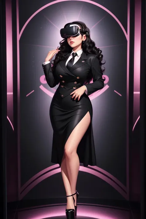 full body, Lean, Heart-Shaped Face, Fair Skin, Curved Nose, Thin Lips, Cleft Chin, Rose glossy lipstick, eyewear, black Curly Hair Shoulder-Length Hair Waves, su1t, formal, double-breasted dress, buttons, necktie, skirt, pencil skirt, high platform heels, <lora:Outfit_soph-FormalSkirtSuit:0.8>, wing hug, (a virtual reality world becomes a prison:1.2)