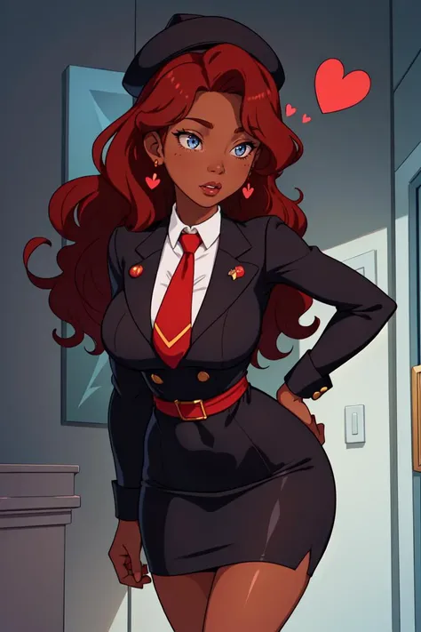 Athletic, Diamond-Shaped Face, Ebony Skin, Curved Nose, Heart-shaped Lips, Pointed Chin, Bronze glossy lipstick, hat, red Kinky Hair Medium-Length Hair Waves, su1t, formal, double-breasted dress, buttons, necktie, skirt, pencil skirt, <lora:Outfit_soph-FormalSkirtSuit:0.8>, symmetrical hand pose, (a mind-reading device leads to invasion of privacy:1.2)
