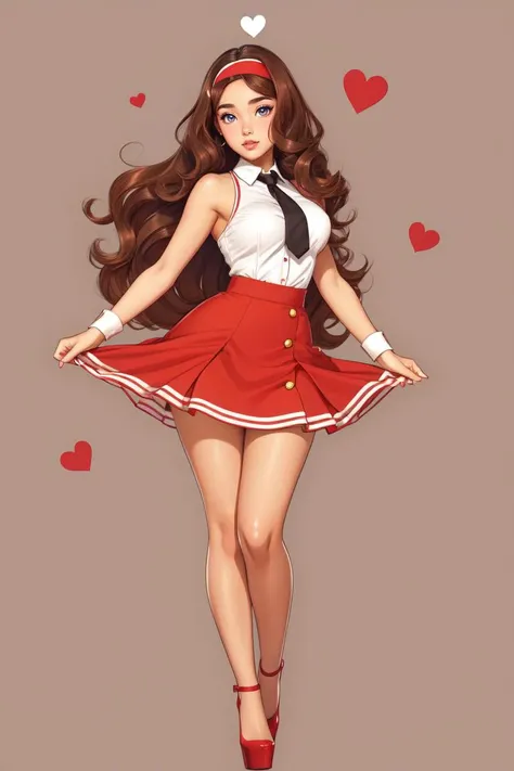 full body, Thin, Heart-Shaped Face, Tan Skin, Long Nose, Thick Lips, Sharp Chin, Cherry cream lipstick, headband, chestnut Straight Hair Shoulder-Length Hair Waves, su1t, formal, double-breasted dress, buttons, necktie, skirt, pencil skirt, high platform heels, <lora:Outfit_soph-FormalSkirtSuit:0.8>, bras d'honneur, (a society where people can control gravity:1.2)