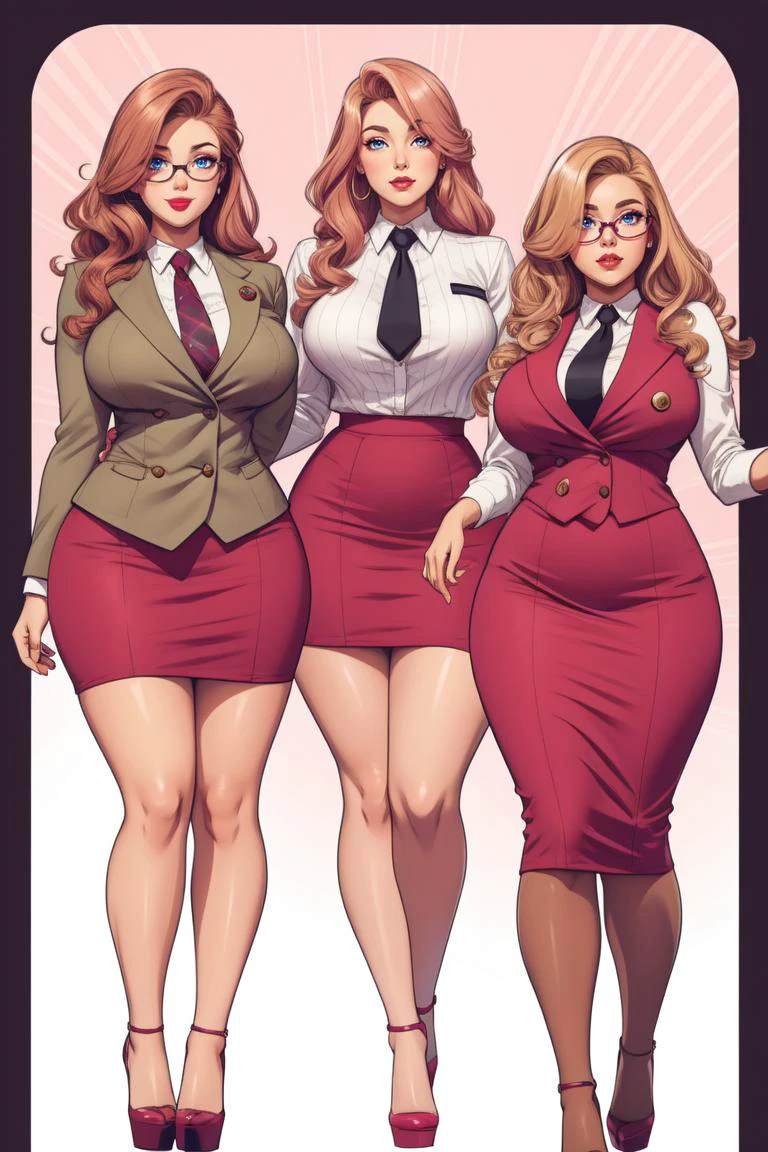 full body, Lean, Oval Face, Olive Skin, Curved Nose, Thick Lips, Sharp Chin, Pink sheer lipstick, eyewear, strawberry blonde Thick Hair Shoulder-Length Hair Waves, su1t, formal, double-breasted dress, buttons, necktie, skirt, pencil skirt, high platform heels, <lora:Outfit_soph-FormalSkirtSuit:0.8>, gendou pose, (a genetic engineering gone wrong leads to monstrous creatures:1.2)