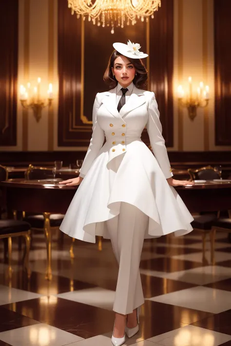 cinematic film still beautiful adult woman, solo, high quality, best quality, highres, high detail (auburn hair) hair, short hair <lora:Outfit_soph-FormalSkirtSuit:0.8> su1t, formal, Oscar de la Renta fashion white jacket, collar necktie, full body, white pants, buttons ,boardroom meeting, (silouette lighting) , standing, beard, high detail, afterglow, bokeh, 8k resolution, rim lighting, shadows, fascinator, pantyhose, standing, grand hall, chandelier, romantic restaurant, sitting, Marble Grandeur, Timeless, imposing, luxurious, majestic, by Zaha Hadid photography . . shallow depth of field, vignette, highly detailed, high budget, bokeh, cinemascope, moody, epic, gorgeous, film grain, grainy