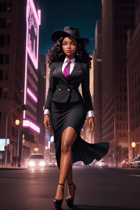 full body, Thin, Triangular Face, Dark Skin, Curved Nose, Thin Lips, Pointed Chin, Fuchsia sheer lipstick, hat, black Curly Hair Medium-Length Hair Waves, su1t, formal, double-breasted dress, buttons, necktie, skirt, pencil skirt, high platform heels, <lora:Outfit_soph-FormalSkirtSuit:0.8>, wallwalking, (a genetic engineering gone wrong leads to monstrous creatures:1.2)