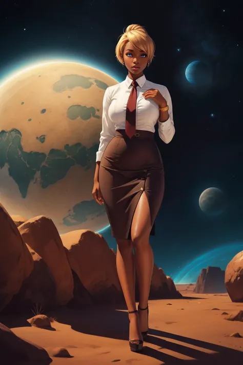 full body, Fit, Square Face, Ebony Skin, Long Nose, Plump Lips, Sharp Chin, Copper matte lipstick, scrunchie, golden blonde Coarse Hair Pixie Cut Ponytail, su1t, formal, double-breasted dress, buttons, necktie, skirt, pencil skirt, high platform heels, <lora:Outfit_soph-FormalSkirtSuit:0.8>, own hands together, (a colony on a distant planet struggles for survival:1.2)