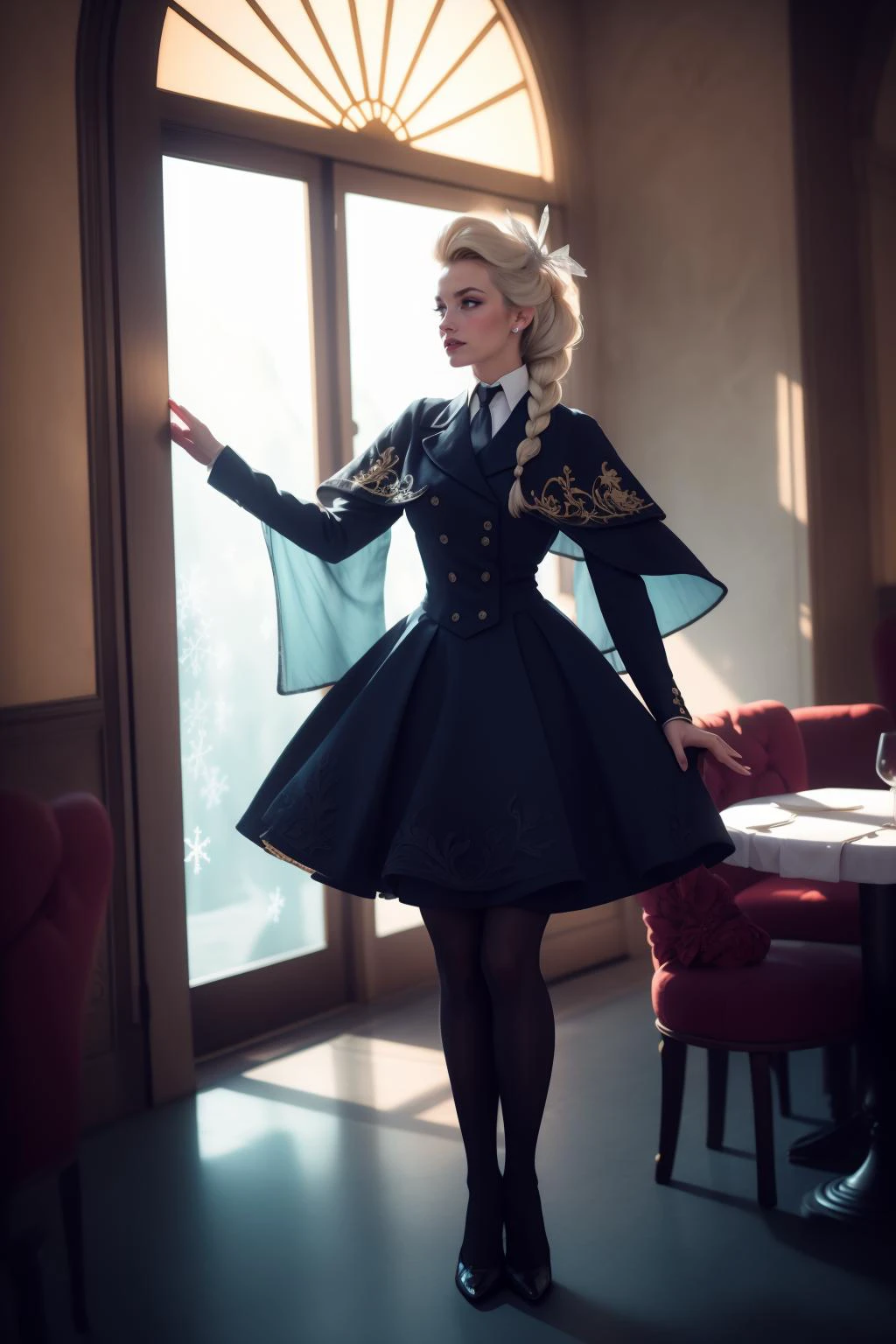 cinematic film still beautiful adult woman, solo, high quality, best quality, highres, high detail , elsa \(frozen\), (blue:1.1 cotton dress), gossamer capelet, (frost magic), (snowflakes), platinum blonde braid,<lora:Outfit_soph-FormalSuitSkirt:0.7> su1t, formal, Oscar de la Renta fashion Canvas((ornate floral applique)) gown:1.2, double-breasted, collar necktie, stockings, pleated skirt, buttons (silouette lighting) , standing, high detail, afterglow, bokeh, 8k resolution, rim lighting, shadows, fascinator, pantyhose, standing, Lofoten Islands, Norway, Restaurant, Winter Dawn romantic restaurant, Marble Grandeur, Timeless, imposing, luxurious, majestic, photo by Annie Leibovitz photography. . shallow depth of field, vignette, highly detailed, high budget, bokeh, cinemascope, moody, epic, gorgeous, film grain, grainy