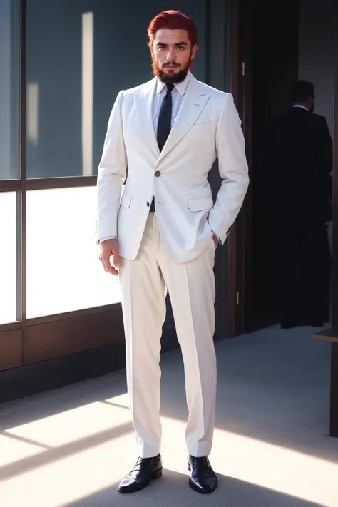 dapper handsome man, solo, high quality, best quality, highres, high detail [red hair] hair, short hair  <lora:Outfit_soph-FormalSkirtSuit:0.8> su1t, formal, Chanel fashion white jacket, collar necktie, full body, white pants, buttons ,boardroom meeting,  (silouette lighting) , summer suit standing, beard