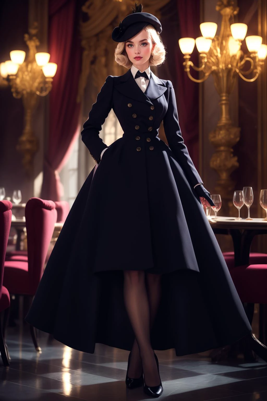 cinematic film still beautiful adult woman, solo, high quality, best quality, highres, high detail ginger hair hair, messy hair, beret <lora:Outfit_soph-FormalSkirtSuit:0.8> su1t, formal, Chanel fashion Viscose haute couture gown:1.2, double-breasted, collar necktie, stockings, buttons (silouette lighting) , standing, high detail, afterglow, bokeh, 8k resolution, rim lighting, shadows, fascinator, pantyhose, standing, grand hall, chandelier, romantic restaurant, Marble Grandeur, Timeless, imposing, luxurious, majestic, photo by Peter Lindbergh photography. Meta Gala . shallow depth of field, vignette, highly detailed, high budget, bokeh, cinemascope, moody, epic, gorgeous, film grain, grainy