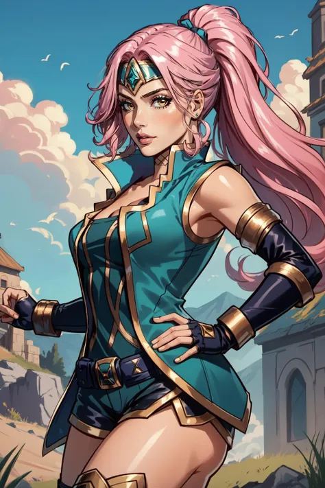 (masterpiece, best quality), intricate details,
1girl, <lora:IG_Leblancv3:0.8> qiyana \(league of legends\), 1girl, headband, jacket, shorts, ninja, fishnets, detached sleeves, fingerless gloves, pink hair, ponytail,