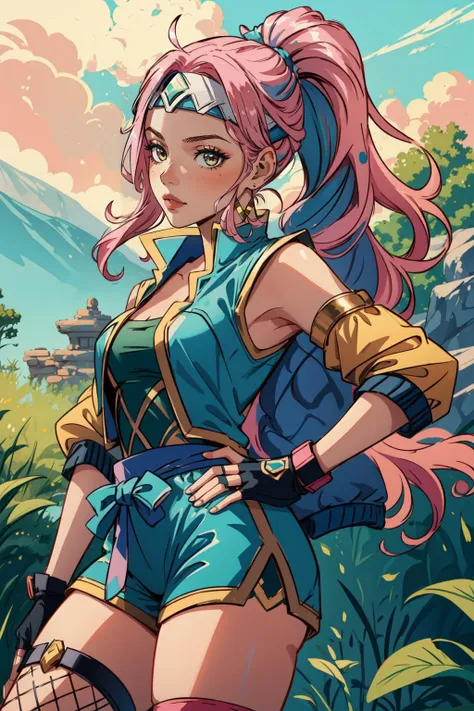 (masterpiece, best quality),  intricate details,
1girl,     <lora:IG_Leblancv3:0.8> qiyana \(league of legends\), 1girl, headband, jacket, shorts, ninja, fishnets, detached sleeves, fingerless gloves, pink hair, ponytail,