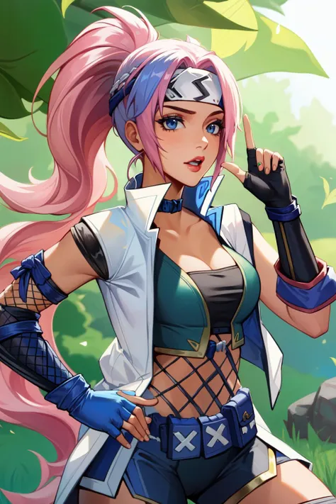 (Masterpiece:1.4), (best quality:1.2), <lora:qiyana3in1 (10):1>, shockblade qiyana, 1girl, headband, jacket, shorts, ninja, fingerless gloves, fishnets, ponytail, pink hair, upper body
