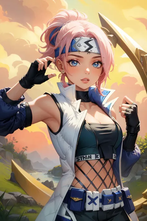 (Masterpiece:1.4), (best quality:1.2), <lora:qiyana3in1 (10):1>, shockblade qiyana, 1girl, headband, jacket, shorts, ninja, fishnets, detached sleeves, fingerless gloves, pink hair, upper body