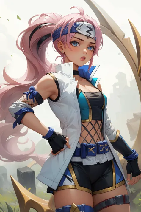 (Masterpiece:1.4), (best quality:1.2), <lora:qiyana3in1 (10):1>, shockblade qiyana, 1girl, headband, jacket, shorts, ninja, fishnets, detached sleeves, fingerless gloves, pink hair, upper body