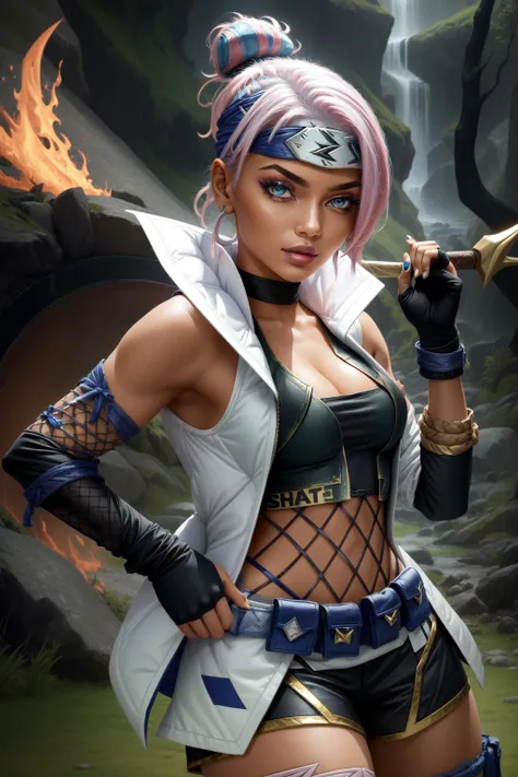 (Masterpiece:1.4), (best quality:1.2), <lora:qiyana3in1 (10):1>, shockblade qiyana, 1girl, headband, jacket, shorts, ninja, fishnets, detached sleeves, fingerless gloves, pink hair, ponytail, upper body