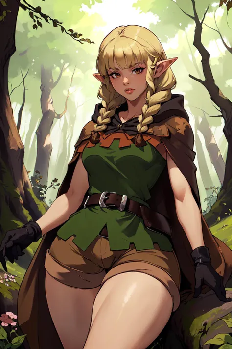 (masterpiece,best quality,absurdres,beautiful,sharp,detailed),outside,forest,dappled sunlight,1girl,dcElf,small breasts,twin braids, hood, brown cloak, green tunic, gloves, belt, brown shorts,blonde hair,pointy ears,thick thighs:1.3 <lora:dcelf-nvwls-v1:0.8>