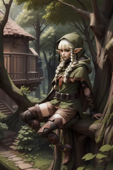 <lora:dcelf-nvwls-v1-final:1> dcelf, blonde hair, pointy ears, twin braids, hood, brown cloak, green tunic, gloves, belt, brown shorts, thigh boots, sits on tree, off the grond,