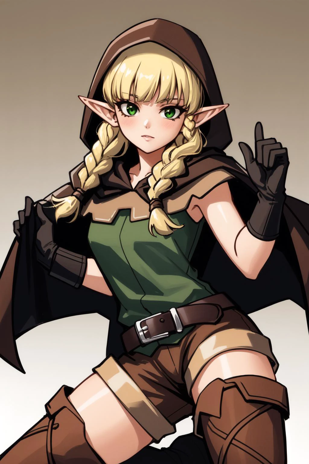 (masterpiece, best quality), intricate details,
1girl, <lora:dcelf-nvwls-v1:0.8> dcelf, blonde hair, pointy ears, twin braids, hood, brown cloak, green tunic, gloves, belt, brown shorts, thigh boots,