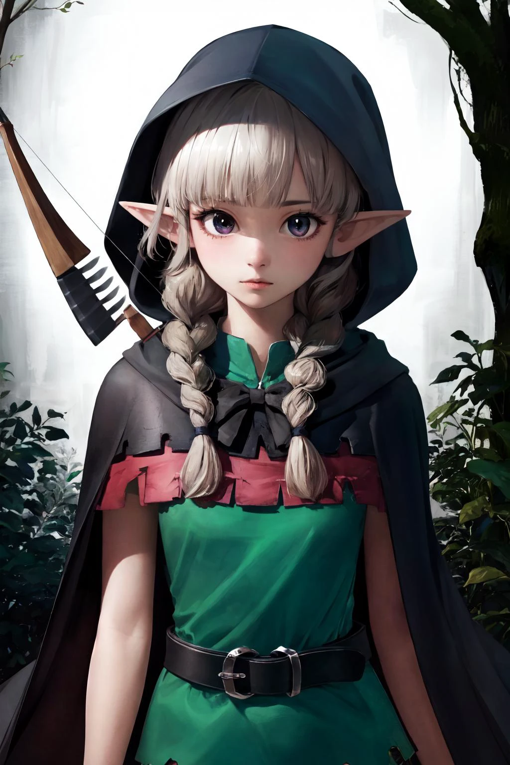 (8k, masterpiece, best quality, high resolution),
cute face, kawaii, cute, very big eyes, Aesthetic Anime Eyes, small face,
BowHolding, bow \(weapon\), aiming, <lora:UnlimitedBladeWorks1.6:0.9>,
<lora:dcelf-nvwls-v1-final:1> dcelf, blonde hair, (brown eyes), pointy ears, twin braids, hood, (brown cloak), green tunic, gloves, belt, brown shorts,
looking at viewer,
forest,
1girl, solo,
<lora:LowRA:0.5>, dark theme,