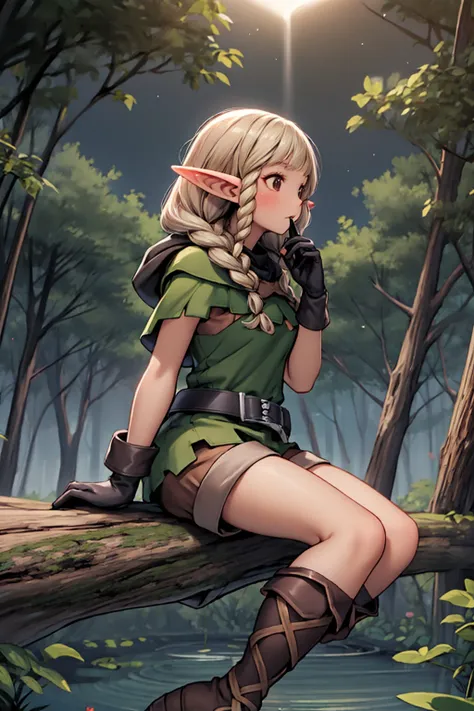 (masterpiece),(intricate details), best quality, (grainy, dusk,dynamic lighting:1.2), <lora:dcelf-nvwls-v1:1> dcelf sitting on log, blonde hair, pointy ears, twin braids, hood, brown cloak, green tunic, gloves, belt, brown shorts, thigh boots, forest, pond, elf village, detailed clothing, fantastic hair, looking up, melancholy, mouth slightly open, from side,