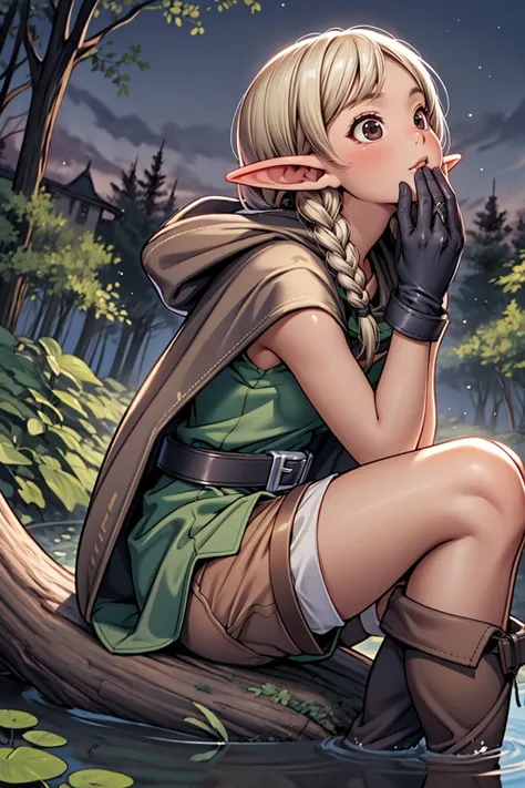 (masterpiece),(intricate details), best quality, (grainy, dusk,dynamic lighting:1.2), <lora:dcelf-nvwls-v1:1> , cute dcelf sitting on log, blonde hair, cute pointy ears, twin braids, hood, brown cloak, green tunic, gloves, belt, brown shorts, thigh boots, forest, pond, elvish village, detailed clothing, fantastic hair, (looking up:1.2), melancholy, mouth slightly open, from side, (forest village in background:1.1)