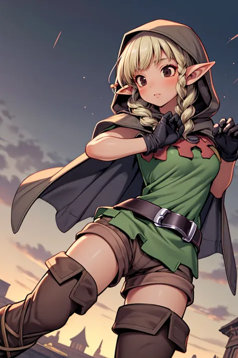 (masterpiece),(intricate details), best quality, (grainy, dusk,dynamic lighting:1.2), <lora:dcelf-nvwls-v1:1> dcelf, blonde hair, pointy ears, twin braids, hood, brown cloak, green tunic, gloves, belt, brown shorts, thigh boots