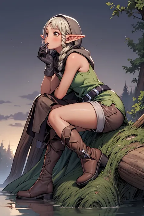 (masterpiece),(intricate details), best quality, (grainy, dusk,dynamic lighting:1.2), <lora:dcelf-nvwls-v1:1> dcelf sitting on log, blonde hair, pointy ears, twin braids, hood, brown cloak, green tunic, gloves, belt, brown shorts, thigh boots, forest, pond, elvish village, detailed clothing, fantastic hair, (looking up:1.2), melancholy, mouth slightly open, from side,