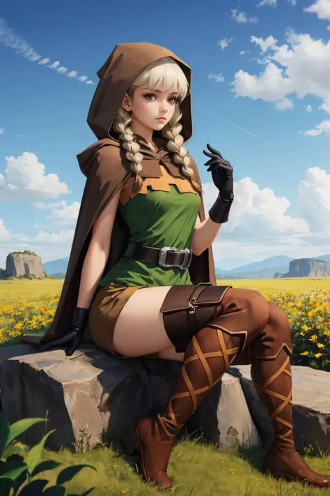 masterpiece, best quality, dcElf, twin braids, hood, brown cloak, green tunic, gloves, belt, brown shorts, thigh boots, sitting, looking at viewer, emotionless, field, rock formations, looking at viewer <lora:dcelf-nvwls-v1-000010:0.9>