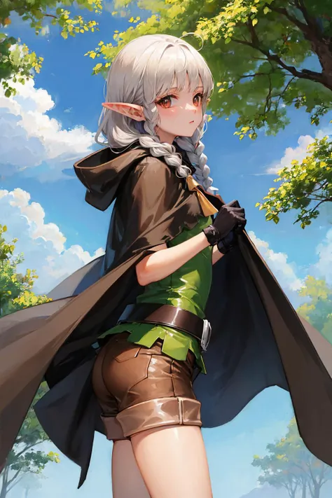 masterpiece, best quality, dcElf, pointy ears, twin braids, brown cloak, green tunic, gloves, belt, brown shorts, from side, looking at viewer, clouds, sky, forest, sunlight filtering through trees <lora:dcelf-nvwls-v1-final:0.9>