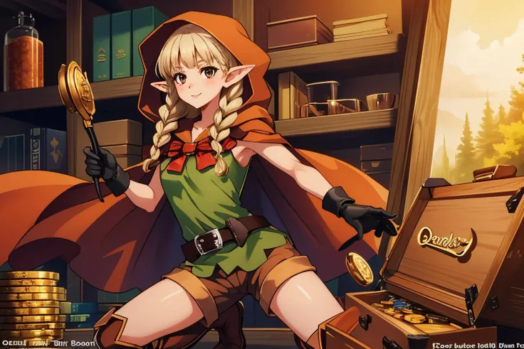 <lora:dcelf-nvwls-v1-final:0.8> dcelf, blonde hair, pointy ears, twin braids, hood, brown cloak, green tunic, gloves, belt, brown shorts, thigh boots
beautiful, masterpiece, best quality, ((treasury room)), ((treasure chest)), ((gold coins)), happy