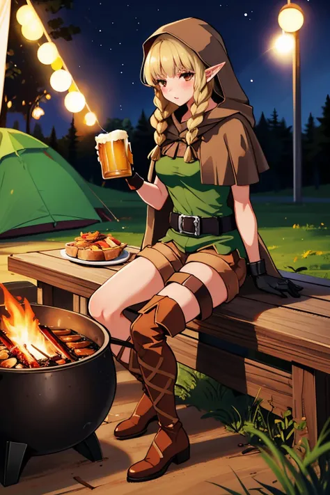 <lora:dcelf-nvwls-v1-final:0.8> dcelf, blonde hair, pointy ears, twin braids, hood, brown cloak, green tunic, gloves, belt, brown shorts, thigh boots
beautiful, masterpiece, best quality, barbeque, hot pot, ((beer)), food, camping, night, perfect shadows