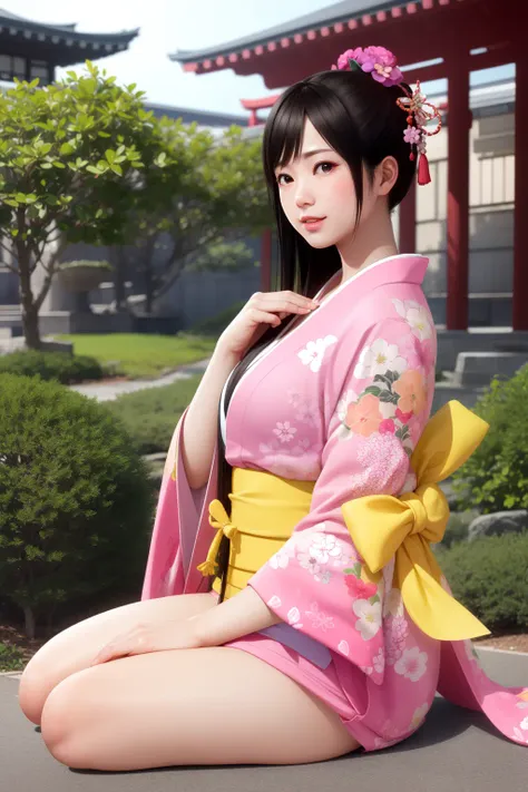 <lora:doa_kokoro:0.7> kokoro, pink kimono, japanese zen garden, yellow sash, beautiful, best quality, masterpiece