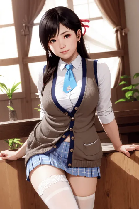 <lora:doa_kokoro:0.7> kokoro, cardigan, vest, pleated skirt, indoors, beautiful, white thighhighs