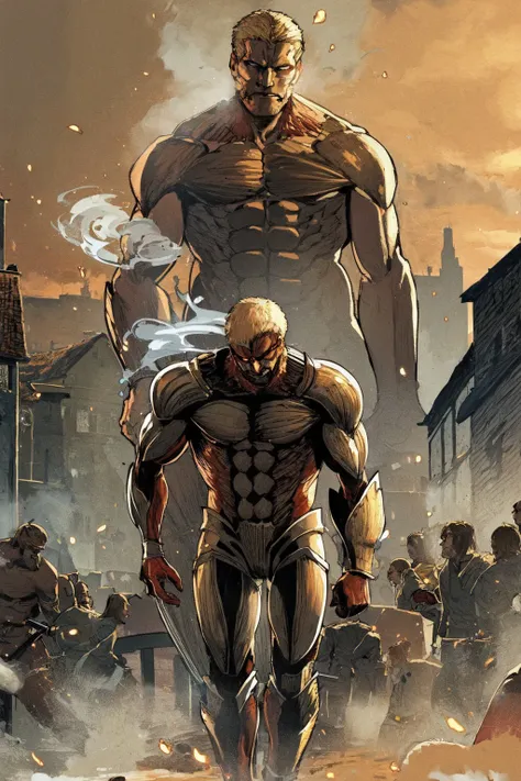 (masterpiece, highres, detailed),full body,fantasy,<lora:wkstyle>,wkstyle,<lora:AttackTitan:0.8>, Armored Titan,muscular,giant,size ratio,short hair,blonde,building,teeth,armor on body,armor on face,light in eyes,steam and smoke,head to knees,red muscles,